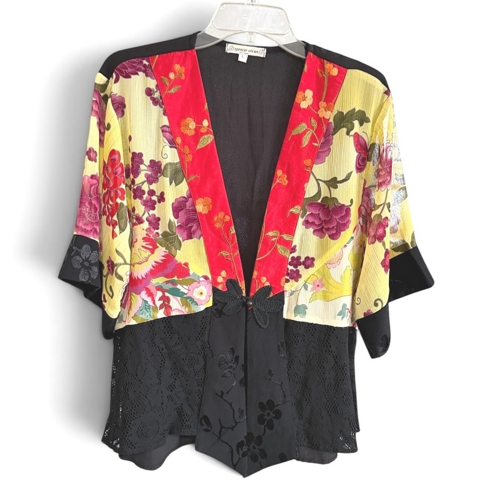 Spencer Alexis Kimono Jacket Womens L Multicolor Floral Lace Silk Blend Vintage